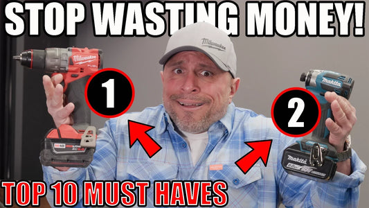 A man in a baseball cap looks worried while holding two cordless power drills labeled “1” and “2,” with the text “STOP WASTING MONEY!” at the top and “TOP 10 MUST HAVES” at the bottom.