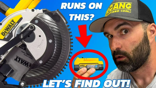 Jimmy from VCG Construction holding a small DeWALT PowerStack battery next to a DeWALT cordless miter saw, with text saying 'Runs on this? Let's find out!' emphasizing battery compatibility