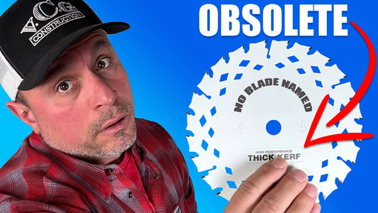 Man in VCG Construction hat holding a saw blade with "OBSOLETE" text and a red arrow pointing to it.