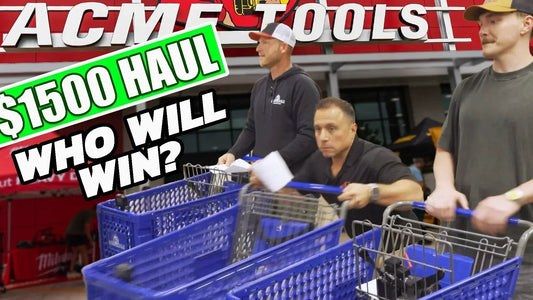 Vince, Kyle, and Spencer racing with shopping carts at ACME Tools Grand Opening for a $1500 tool haul competition with text overlay '$1500 Haul - Who Will Win?'