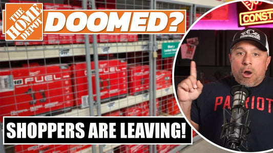 Vince Carneglia points upward next to Home Depot branded power tools locked behind security cages, with bold text questioning if Home Depot is doomed and highlighting that shoppers are leaving