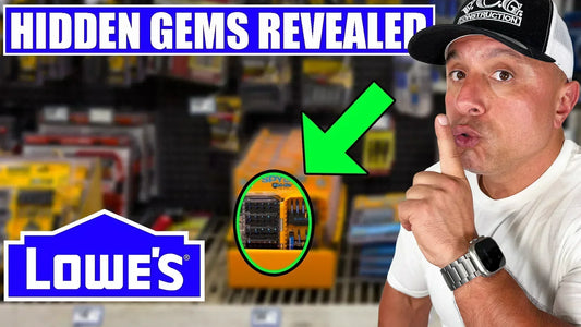 Vince from VCG Construction signaling secrecy next to Spyder Mach-Blue tool accessories displayed on Lowe’s shelves, highlighted by a green arrow and labeled 'Hidden Gems Revealed'.