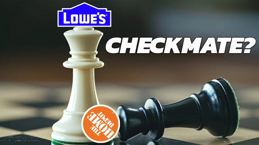 Chessboard scene with a standing white chess piece labeled with the Lowe's logo positioned above a toppled black piece labeled with the Home Depot logo, accompanied by bold text asking 'Checkmate?