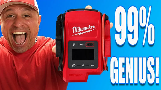 Vince from VCG Construction excitedly holding the Milwaukee M18 HOTSHOT Jump Starter, with bold text reading "99% GENIUS!" on a vibrant blue background.