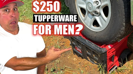 Vince humorously pointing at the Milwaukee Packout Rolling Drawer Tool Box as it's being run over by a truck tire, with bold text reading "$250 Tupperware for Men?" indicating a durability test.