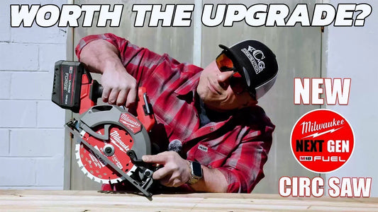 Vince from VCG Construction holds the New Milwaukee M18 Fuel Circular Saw. He wears a red plaid shirt and a black VCG Construction hat. Bold text reads "WORTH THE UPGRADE?", with "NEW" and "CIRC SAW" in red beside the Milwaukee "NEXT GEN M18 FUEL" logo.