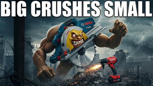 monstrous Bosch circular saw with an angry face towers over a smaller Milwaukee drill, crushing debris in a post-apocalyptic cityscape. The text "BIG CRUSHES SMALL" is prominently displayed at the top