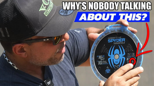 Vince Carneglia holding a Spyder Tarantula 7‑1/4″ 24‑tooth circular saw blade; red arrow highlights the blade and headline reads “Why’s Nobody Talking About This?”
