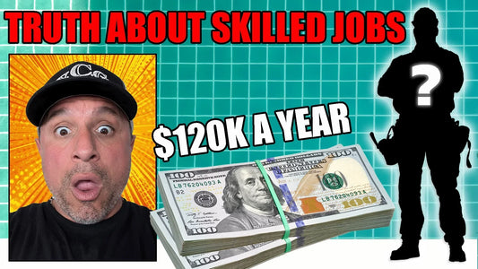 shocked tradesperson, a silhouette representing a missing worker, and bold text stating "Truth About Skilled Jobs $120K A Year," highlighting high-paying trade careers amidst worker shortages.