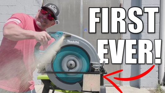 Vince Carneglia from VCG Construction cutting through a large wood beam with the Makita GSH06 40V max XGT circular saw, surrounded by flying sawdust, with bold text reading “FIRST EVER!” and a red arrow pointing to the cut