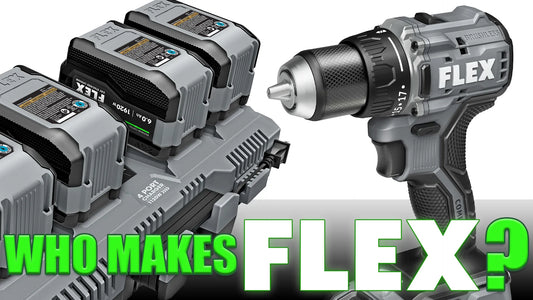Close-up image of FLEX power tool batteries and a cordless brushless drill with the text 'WHO MAKES FLEX?' in bold green letters, highlighting the brand's identity in the power tool industry