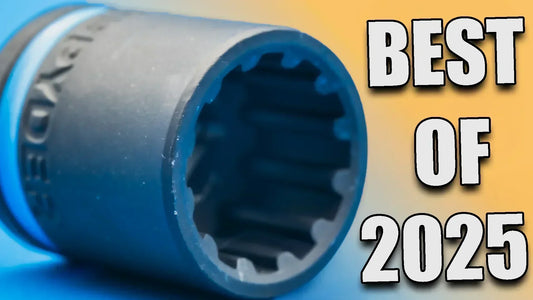 Close-up of a Spyder spline drive impact socket with bold text overlay that reads “BEST OF 2025” on a gradient blue and orange background.