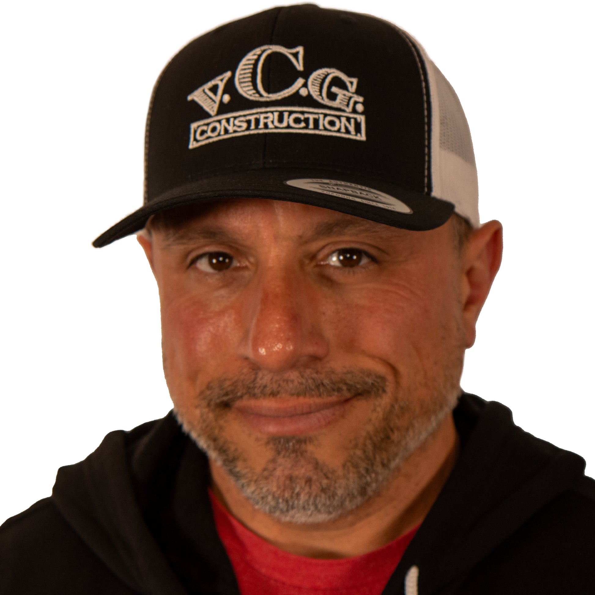 Front view of black and white snapback hat on Vincent Carneglia from VCG Construction