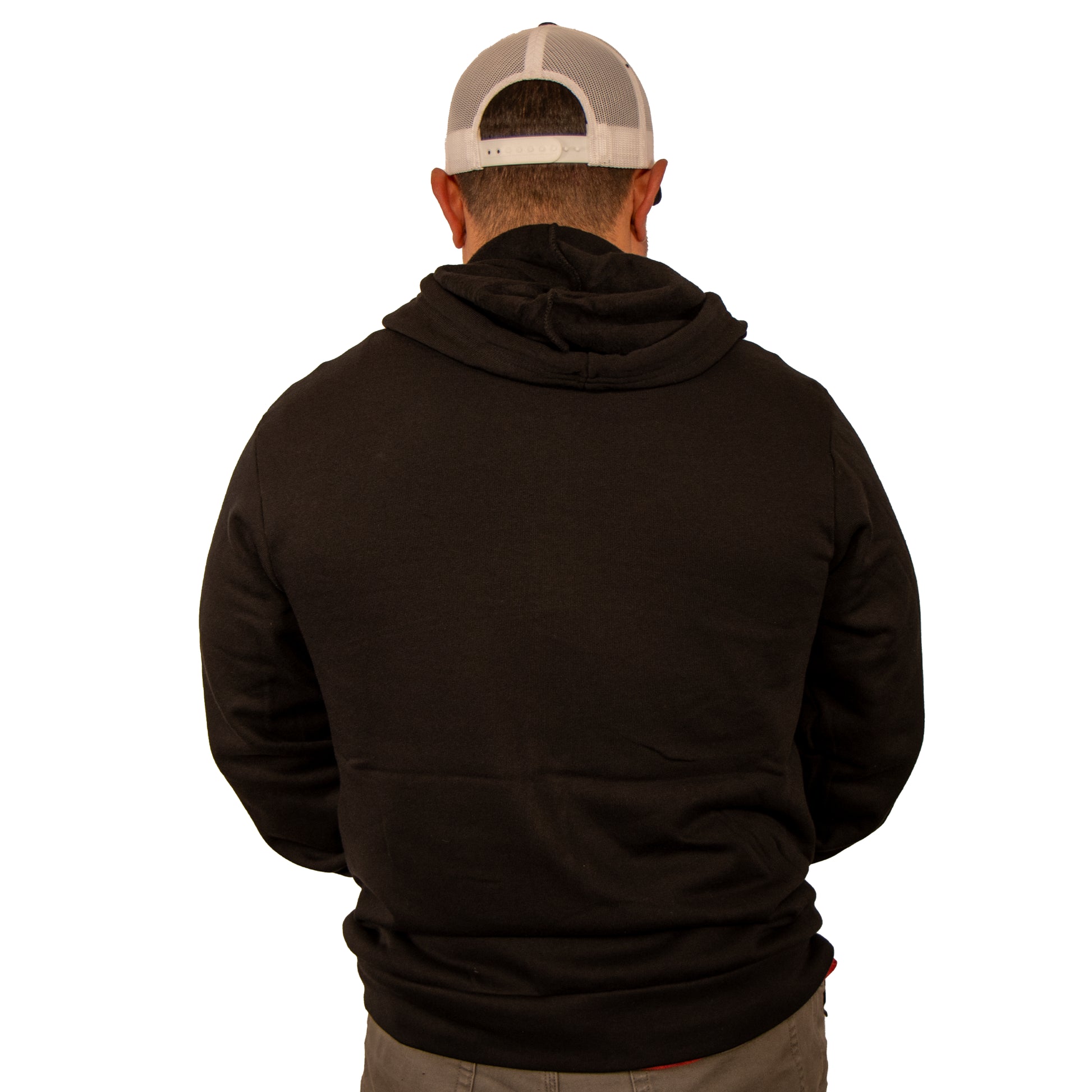 Back view of VCG Construction black zip-up hoodie with hood down