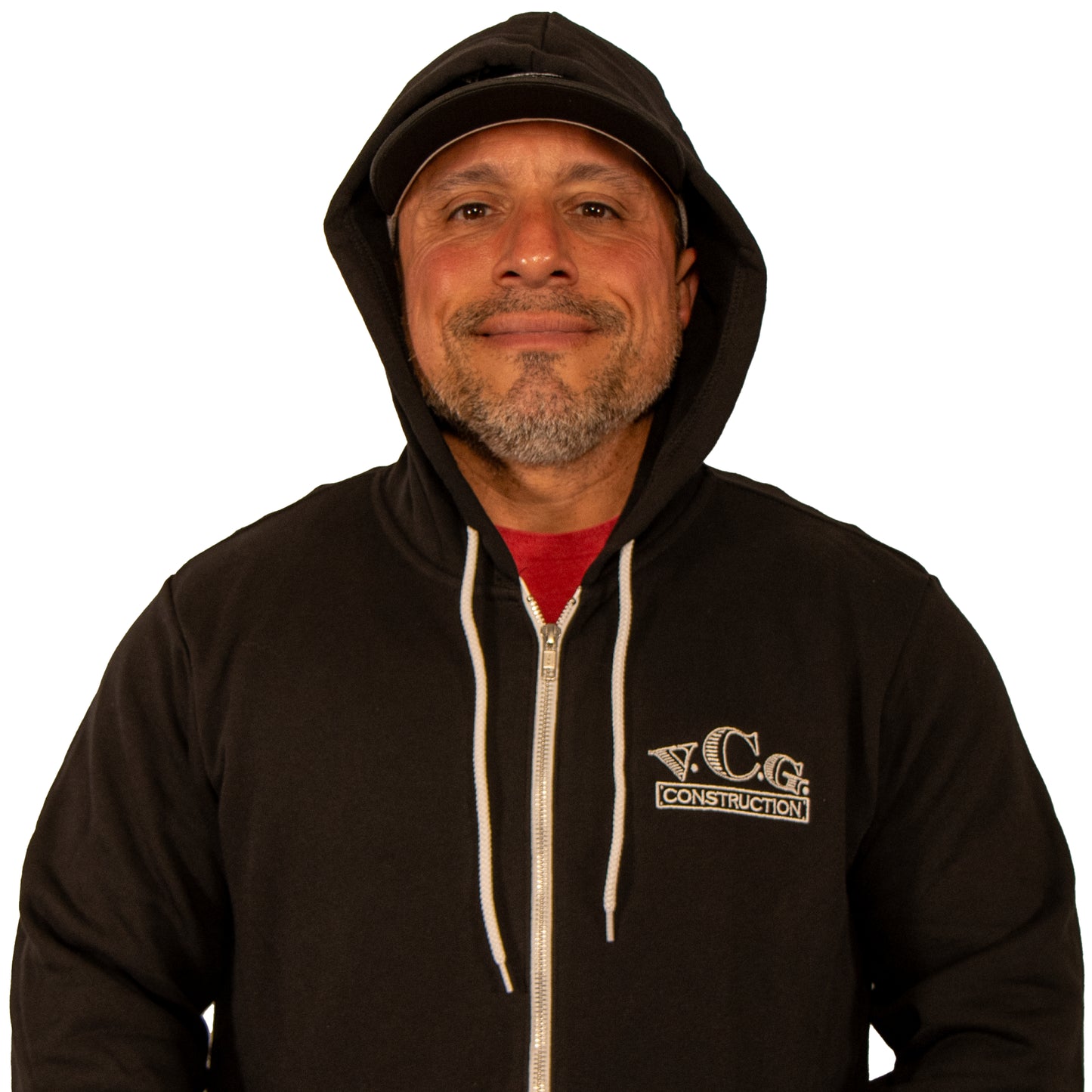"Close-up of VCG Construction black zip-up hoodie with hood up