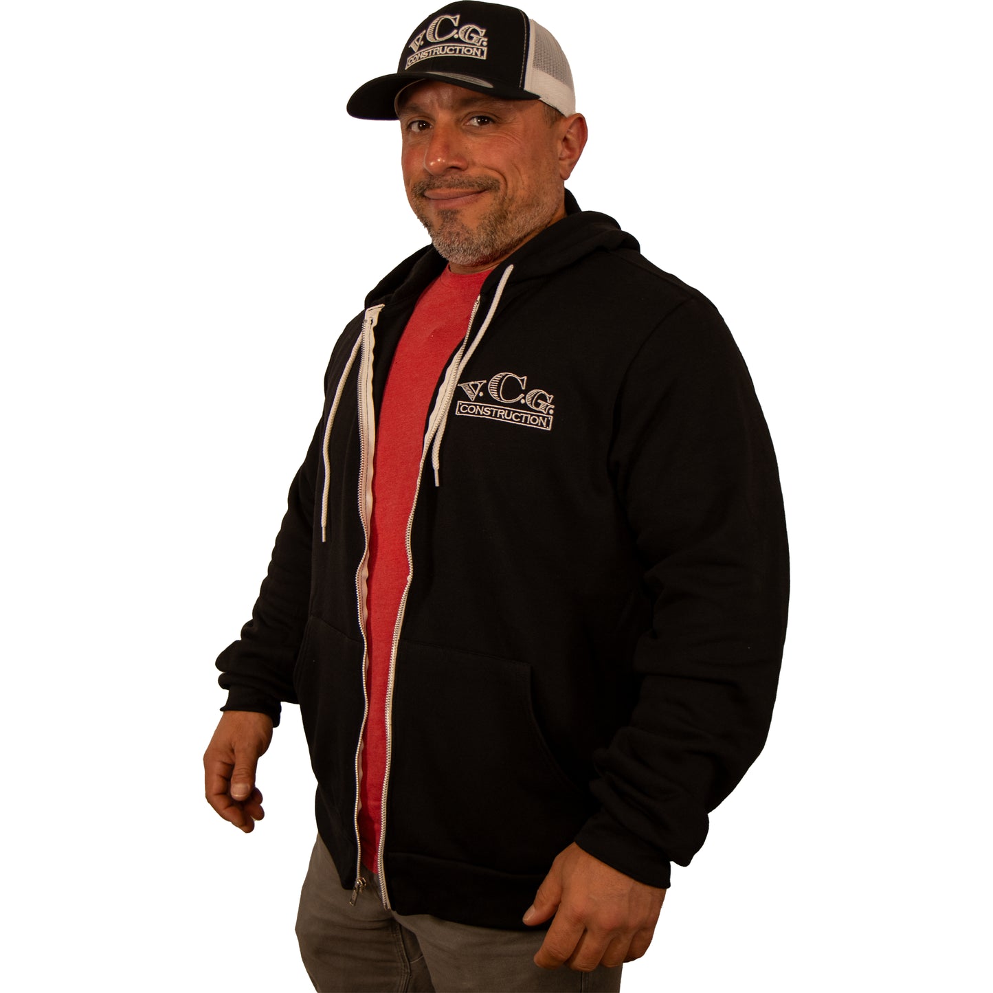 Front view of VCG Construction black zip-up hoodie unzipped