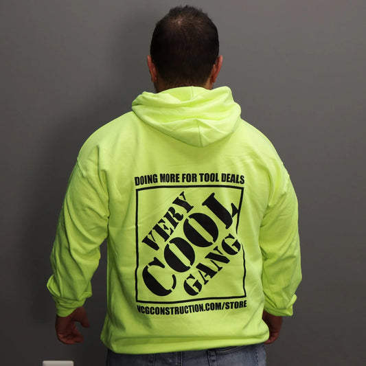 Large black VCG Tool Deals logo on back of warm Hi-Viz Green safety Hoodie