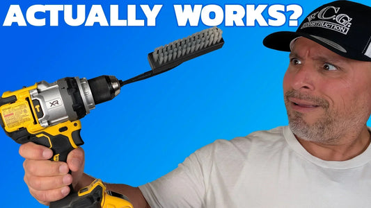 A skeptical-looking man holds a yellow cordless drill fitted with a Spyder brush beneath the words “Actually Works?”