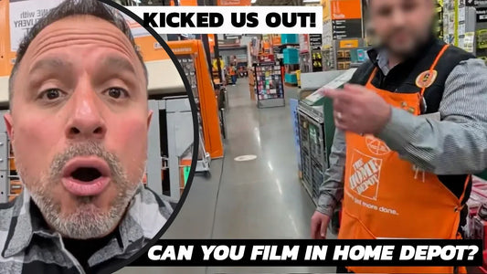surprised man inside a Home Depot aisle and a blurred Home Depot employee in an orange apron pointing toward the exit, with bold text that reads ‘KICKED US OUT!’ and ‘CAN YOU FILM IN HOME DEPOT?