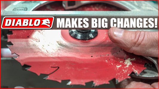 Diablo saw blade with bold red branding and a caption stating 'DIABLO MAKES BIG CHANGES!' showcasing innovation in power tool accessories that outperform competitors like DeWALT, Milwaukee, and Crescent