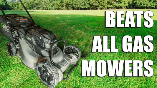 EGO commercial self-propelled walk-behind mower on grass with the claim 'BEATS ALL GAS MOWERS,' showcasing its superiority over traditional gas-powered mowers