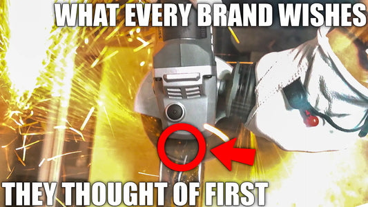 Power tool with sparking action highlighted by red circle, and bold text 'WHAT EVERY BRAND WISHES THEY THOUGHT OF FIRST' implies a coveted innovation.