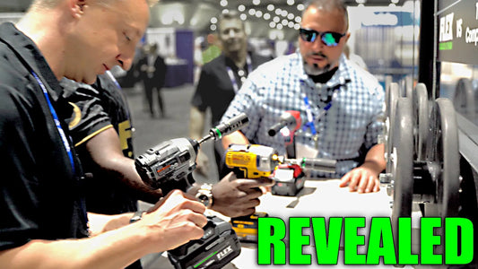 Power tool demonstration at a trade show featuring a FLEX 24V cordless drill in competition with a yellow DeWalt drill, with the word 'REVEALED' in bold green text, highlighting industry secrets