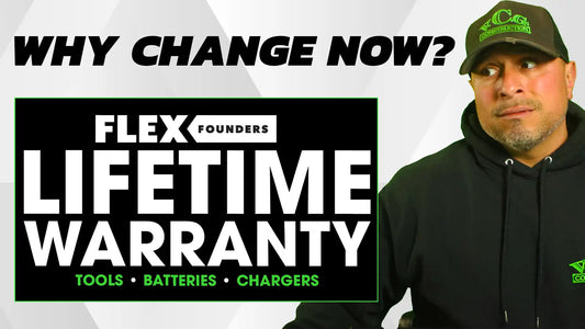 Vince from VCG construction with a questioning expression stands beside the bold text 'WHY CHANGE NOW?' highlighting the extended Flex Founders Lifetime Warranty for tools, batteries, and chargers.