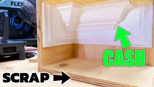 Scrap plywood crown molding display box with ‘SCRAP’ and ‘CASH’ text, showing how a two‑piece cornice sample helps sell more crown jobs.