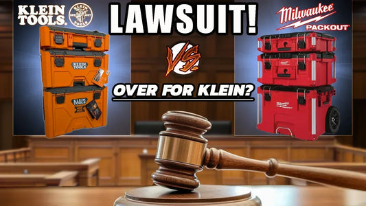 "Milwaukee PACKOUT vs Klein MODbox lawsuit thumbnail with gavel, tool storage stacks, and bold text highlighting the legal battle."