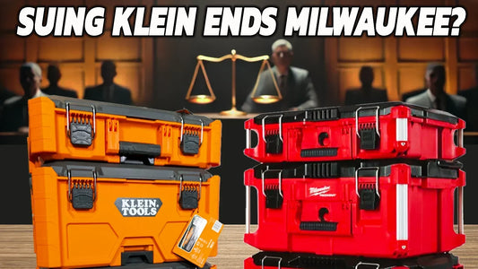 A courtroom setting with a judge in the background, a Klein Tools ModBox stacked on the left, and a Milwaukee Packout stacked on the right. The bold white text at the top reads, "Suing Klein Ends Milwaukee?"