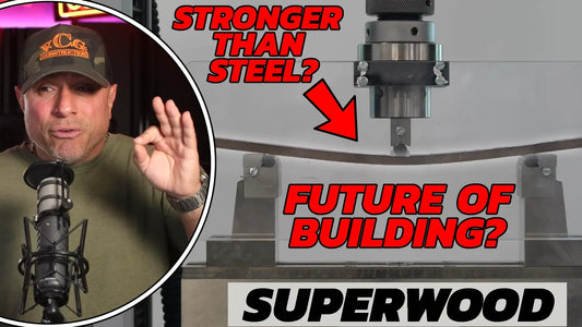 Thumbnail showing a dramatic strength test of Superwood bending under pressure, alongside Vince from VCG Construction emphasizing critical analysis, captioned "STRONGER THAN STEEL? FUTURE OF BUILDING? SUPERWOOD"