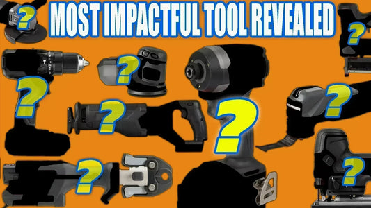 Thumbnail graphic featuring silhouettes of various power tools with bright yellow question marks covering them, and bold text reading “MOST IMPACTFUL TOOL REVEALED” against an orange background. Designed to tease a top 10 countdown of game-changing tools.