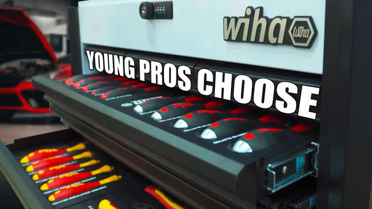 Drawer of a professional tool chest showcasing an organized set of WIHA insulated screwdrivers with 'YOUNG PROS CHOOSE' text, emphasizing the brand's popularity among skilled young professionals