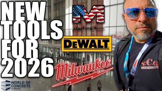 thumbnail showing ‘New Tools for 2026’ with Milwaukee, DeWalt, and Martinez logos, World of Concrete branding, and a presenter in sunglasses.
