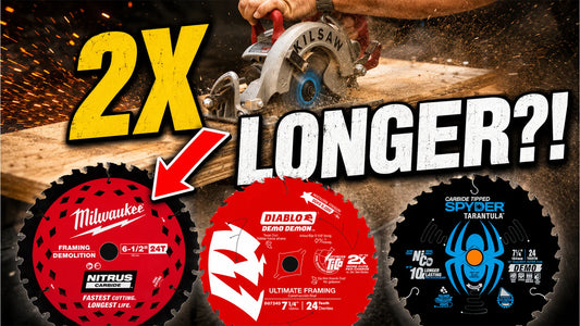 Milwaukee, Diablo, and Spyder demolition circular saw blades compared in a SKILSAW test with “2X LONGER?!” text.