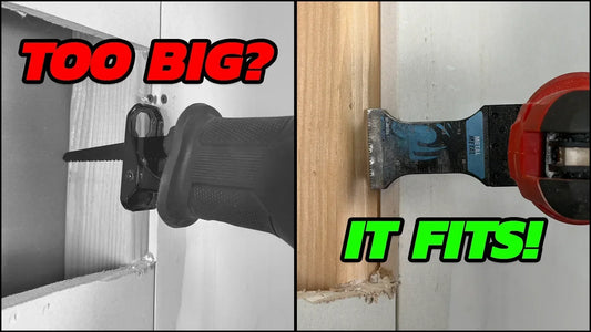Split-screen: reciprocating saw in a tight space labeled “TOO BIG?” versus an oscillating tool that fits, labeled “IT FITS!”.