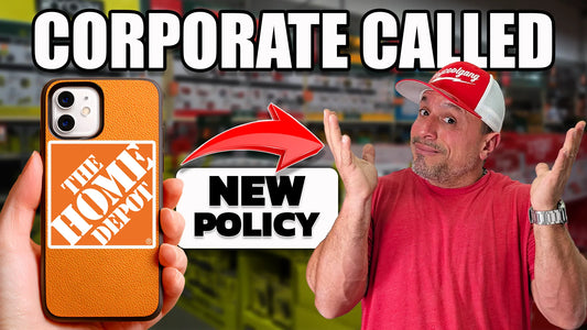 YouTube thumbnail showing “Corporate Called” and “New Policy” with a creator shrugging and a phone displaying the Home Depot logo.