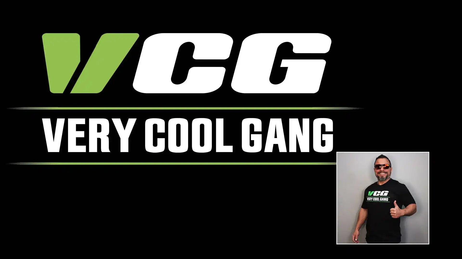 Black Bacgroung Big EGO VCG VeryCoolGang Logo Vince in lower right corner wearing soft black shirt with logo