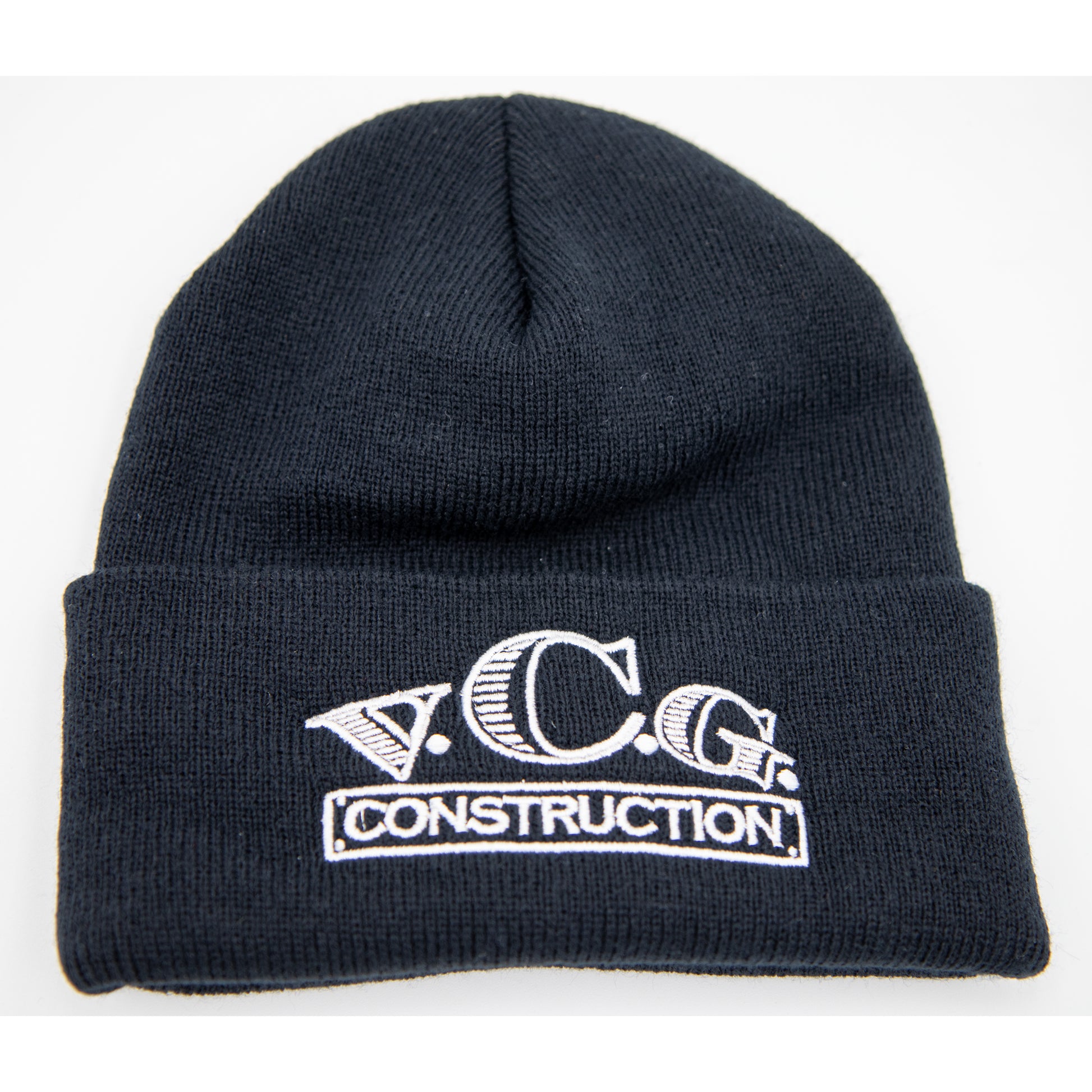 Flat lay view of VCG Construction black knit hat with embroidered logo