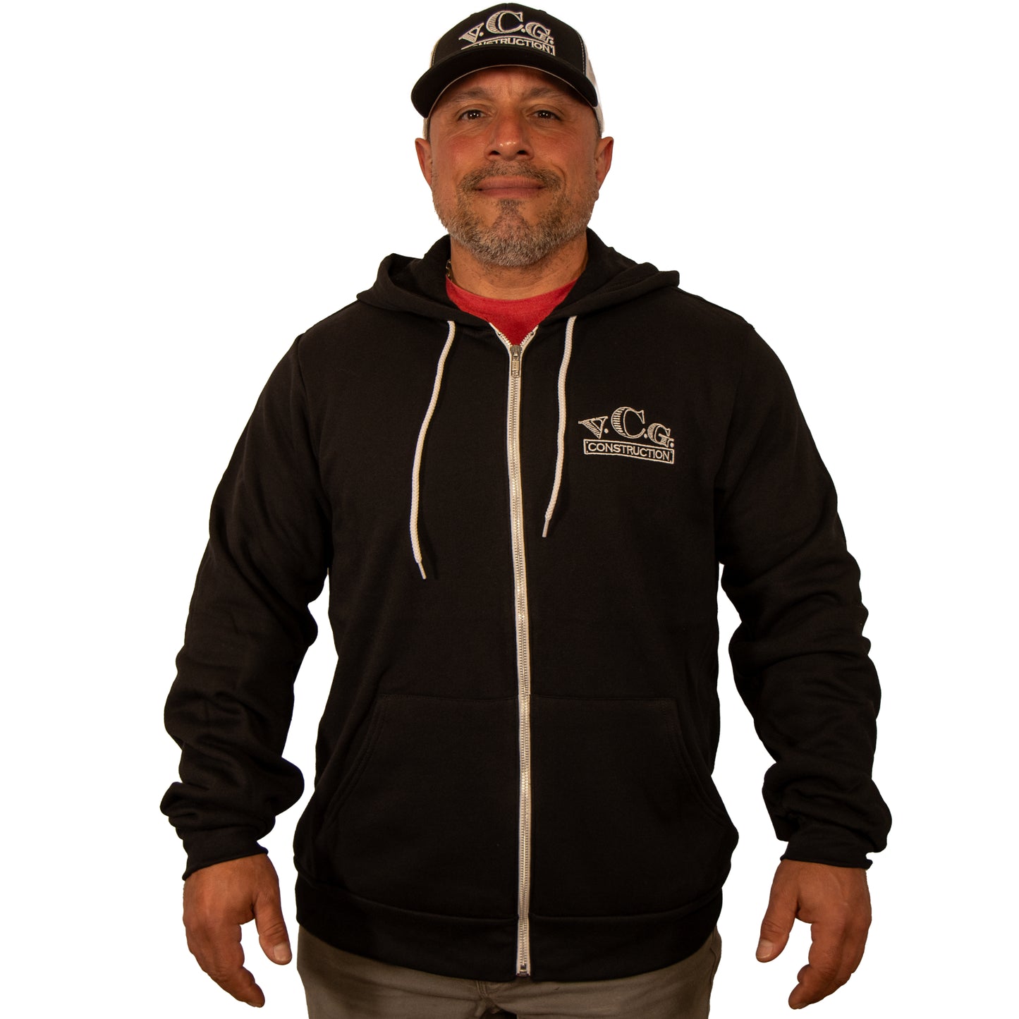 Front view of VCG Construction black zip-up hoodie with embroidered logo