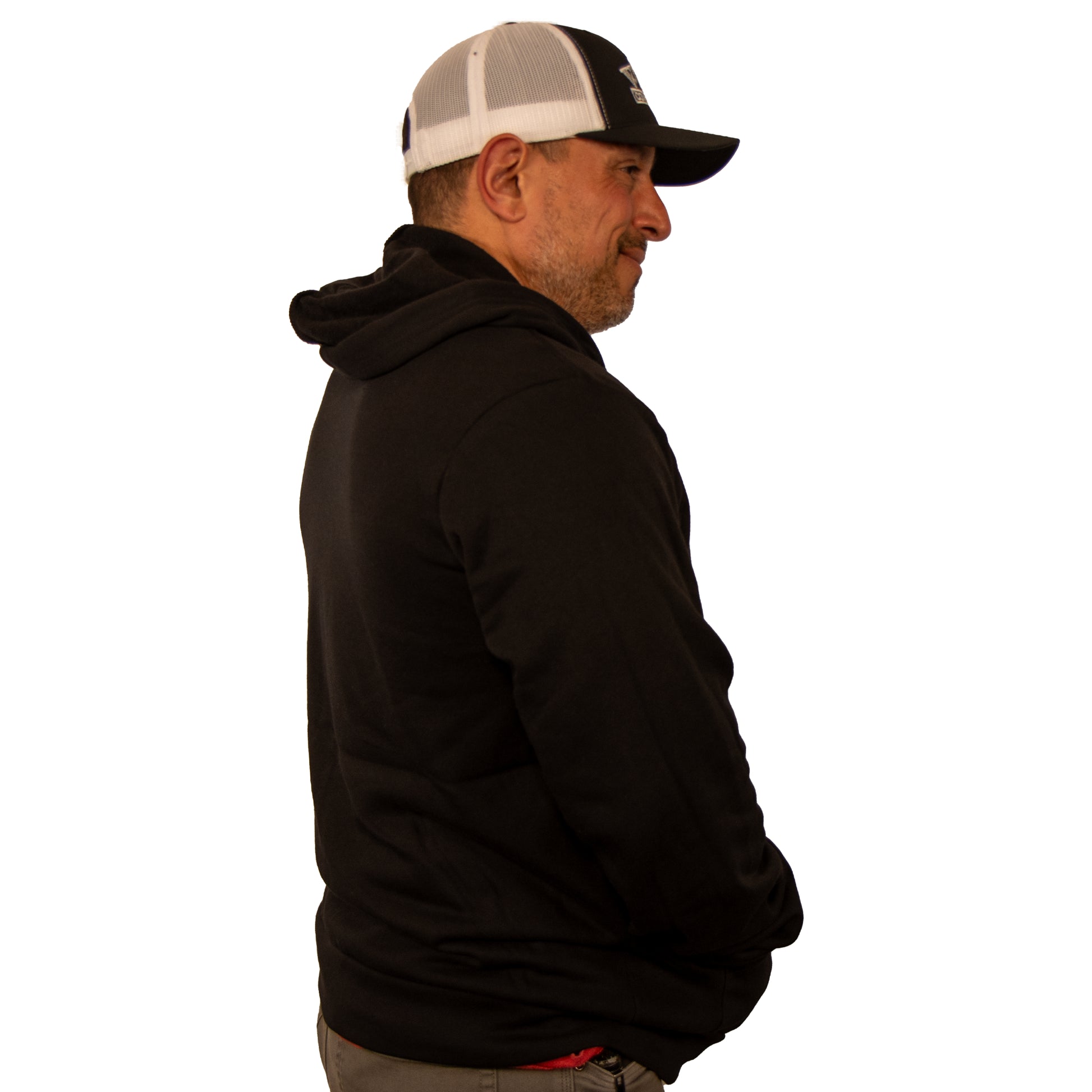 Side view of VCG Construction black zip-up hoodie