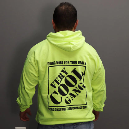 Large black VCG Tool Deals logo on back of warm Hi-Viz Green safety Hoodie 